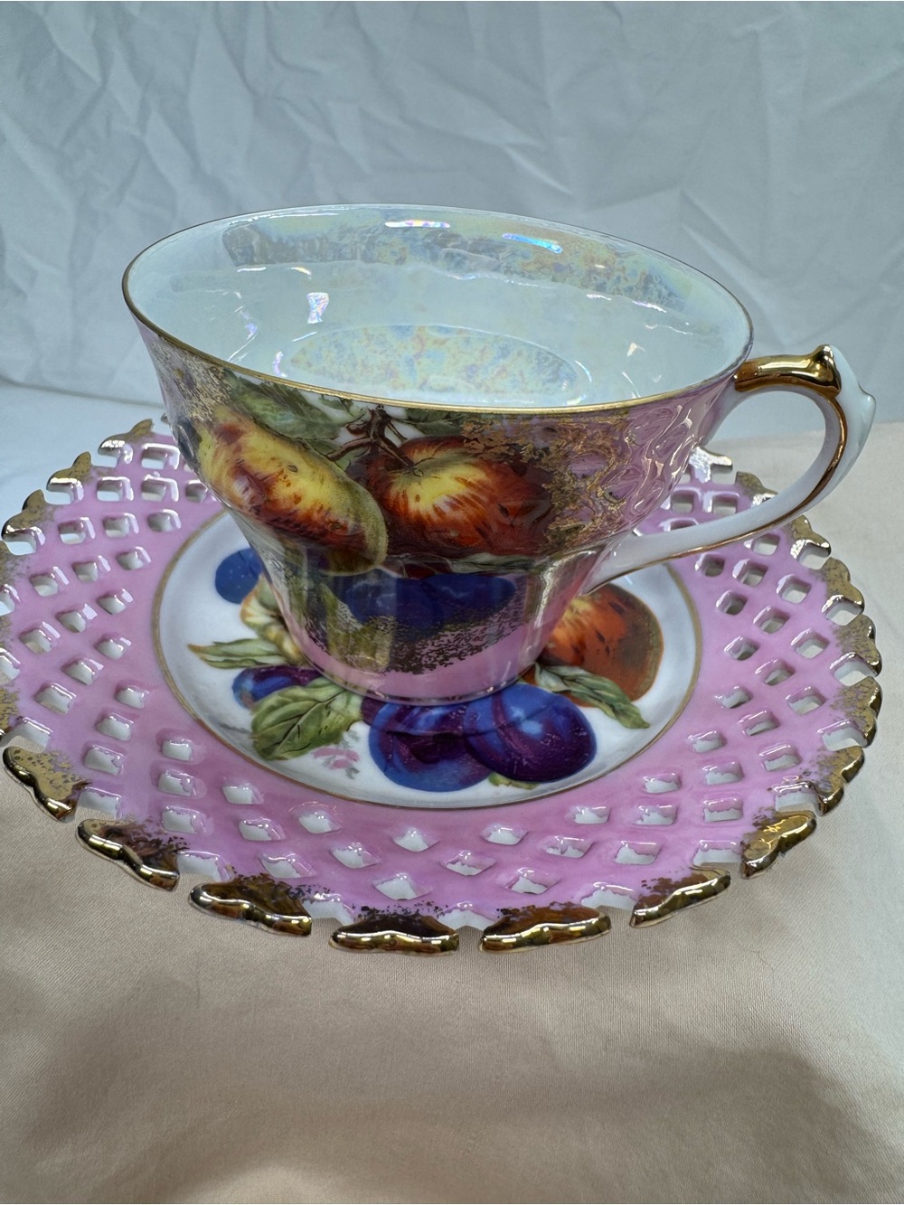 Vintage Royal Halsey Iridescent Pink  Tea Cup & Lace Open Edged Saucer Fruit
